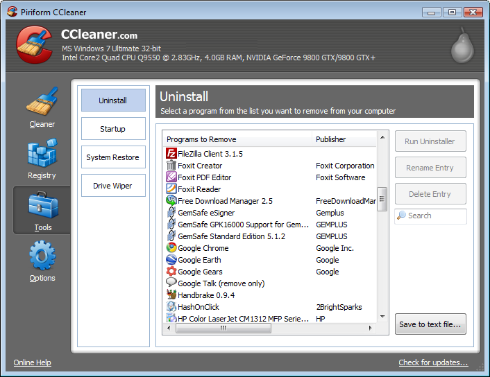 CCleaner - установка и удаление программ